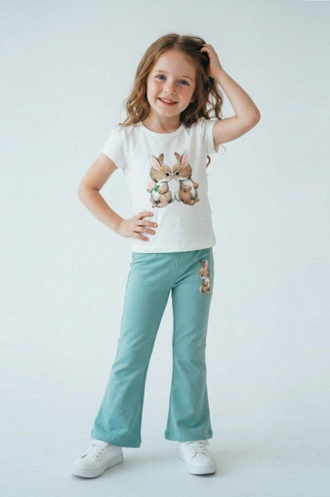 Детски комплект за момиче с къс ръкав, зелен цвят