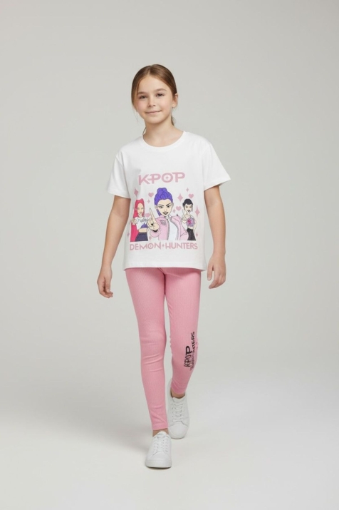 Детски комплект за момиче с къс ръкав, тъмно розов цвят