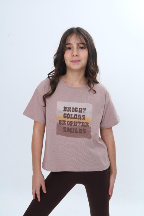 Детска тениска за момиче, светло кафяв цвят 
