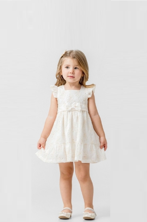 Детска рокля с къс ръкав, цвят екрю 