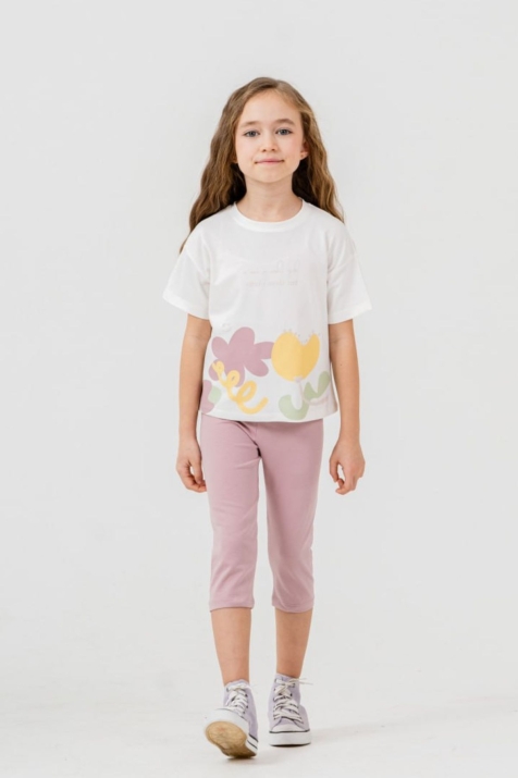 Детски комплект за момиче с къс ръкав, цвят екрю