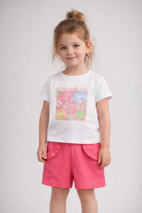 Детски комплект за момиче с къс ръкав, цикламен цвят