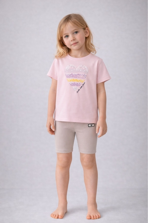 Детски комплект за момиче с къс ръкав, розов цвят