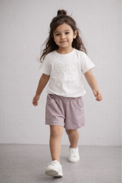 Детски комплект за момиче къс ръкав, лилав цвят