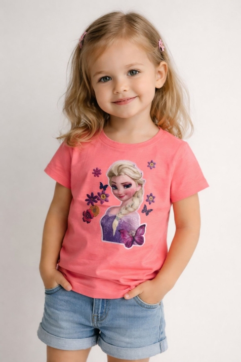Детска тениска за момиче, цвят корал