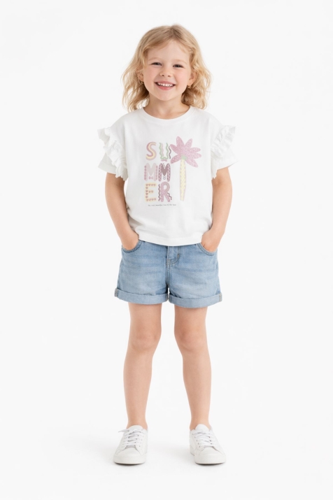 Детска тениска момиче, цвят екрю