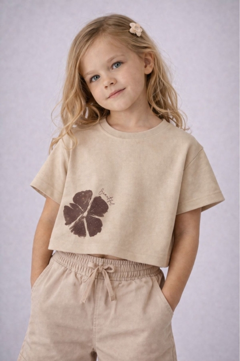 Детска тениска за момиче, бежов цвят