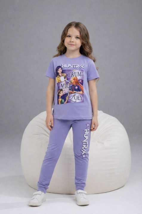 Детски комплект за момиче с къс ръкав, лилав цвят