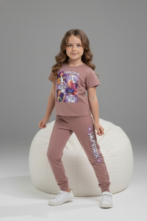 Детски комплект за момиче с къс ръкав, тъмно розов цвят