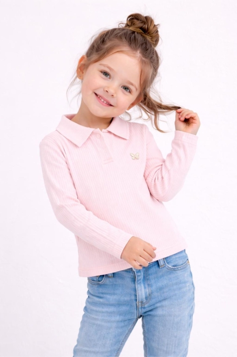 Детска блуза рипс за момиче с дълъг ръкав, светло розов цвят 
