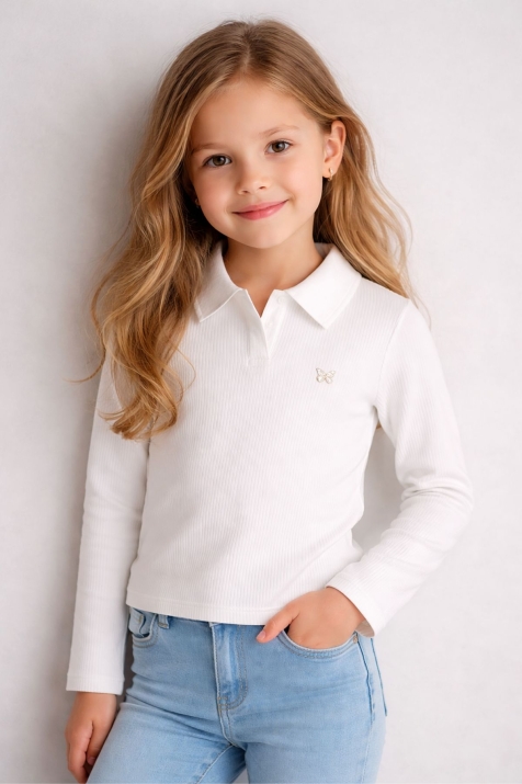 Детска блуза рипс за момиче с дълъг ръкав, цвят екрю