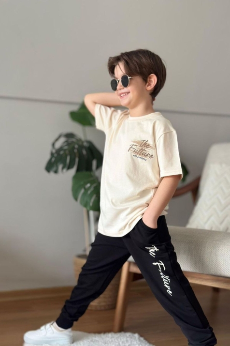 Детски комплект за момиче с къс ръкав, цвят екрю