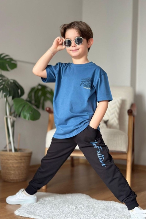 Детски комплект за момиче с къс ръкав, син цвят