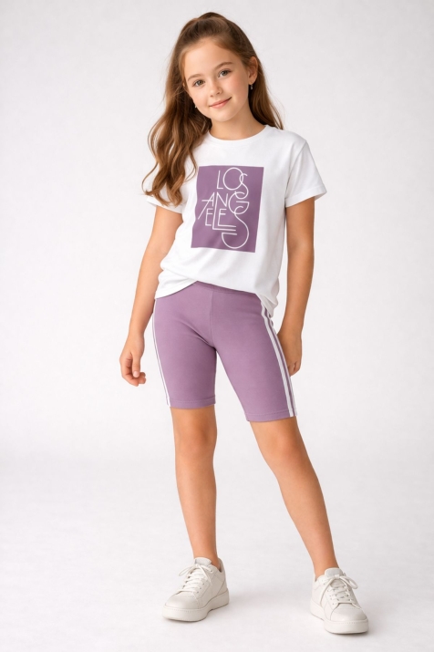 Детски комплект за момиче с къс ръкав, лилав цвят  