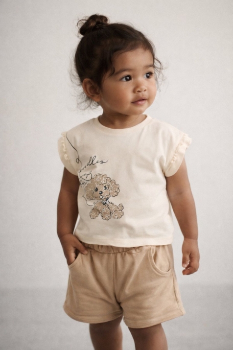Детски комплект за момиче с къс ръкав, бежов цвят