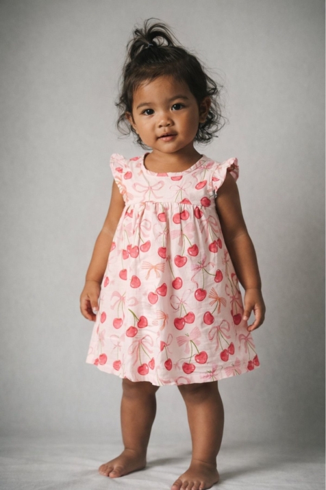 Детска рокля с къс ръкав, розов цвят