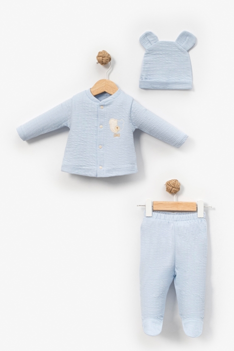 Бебешки комплект за момче с дълъг ръкав 3 части, син цвят 