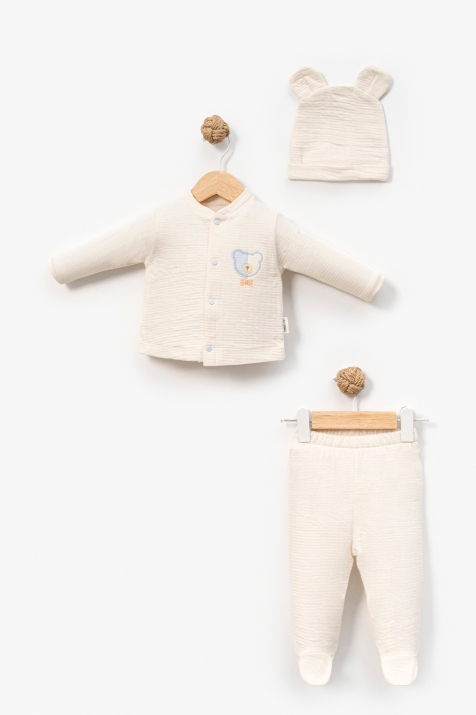 Бебешки комплект за момче с дълъг ръкав 3 части, бежов цвят 
