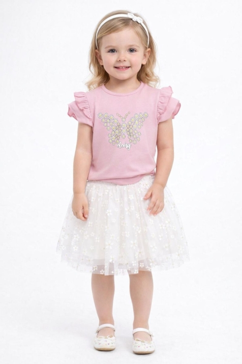 Детски комплект за момиче с къс ръкав, розов цвят
