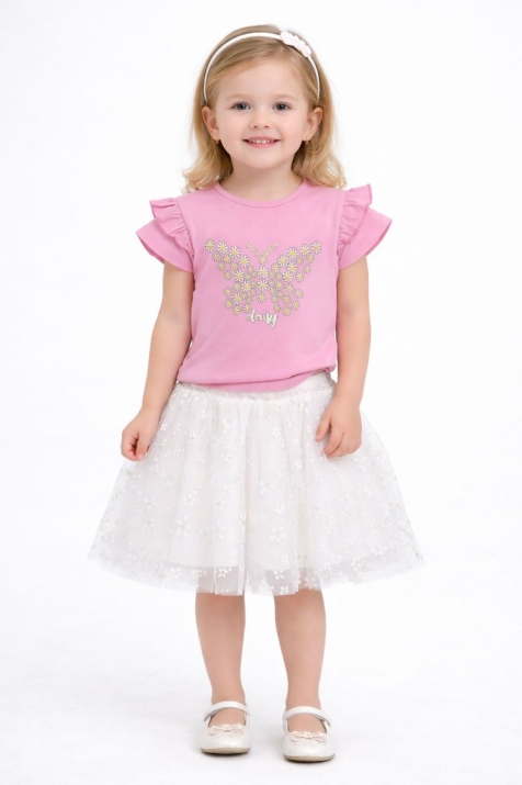 Детски комплект за момиче с къс ръкав, розов цвят