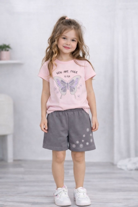Детски комплект за момиче с къс ръкав, розов цвят