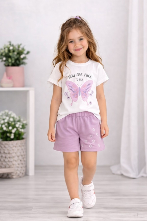 Детски комплект за момиче с къс ръкав, лилав цвят