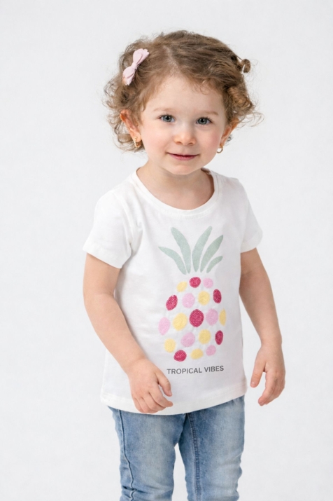 Детска тениска за момиче, цвят екрю