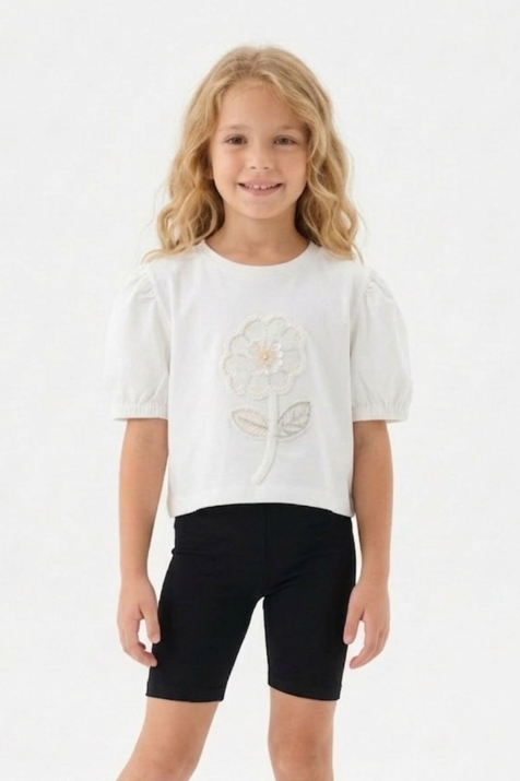 Детска тениска за момиче, цвят екрю