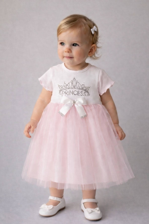 Бебешка рокля с къс ръкав, розов цвят