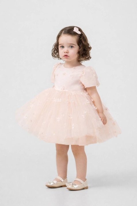 Детска официална рокля с къс ръкав, светло розов цвят  