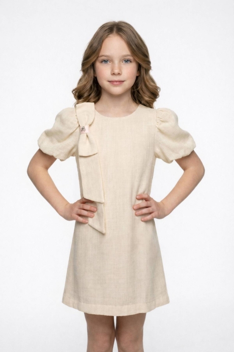 Детска рокля с къс ръкав, бежов цвят