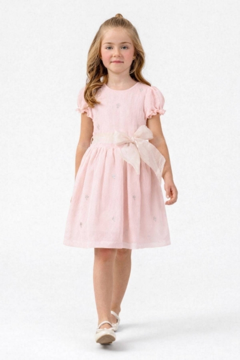 Детска рокля с къс ръкав, светло розов цвят