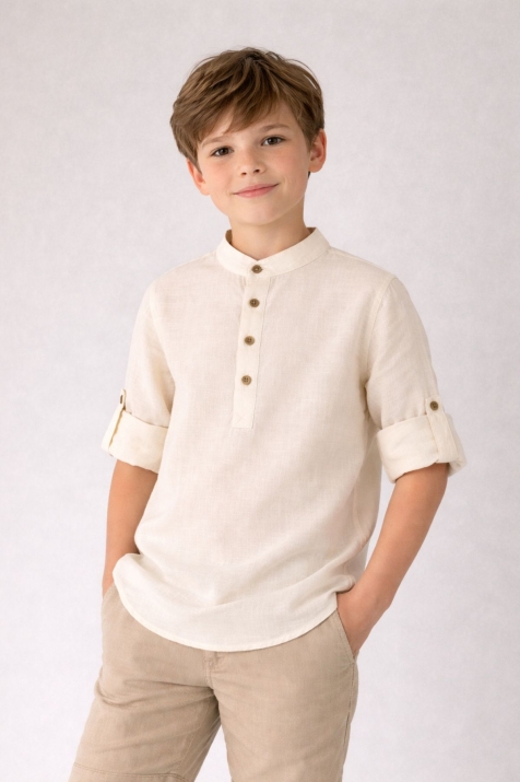 Детска риза за момче дълъг ръкав, цвят екрю