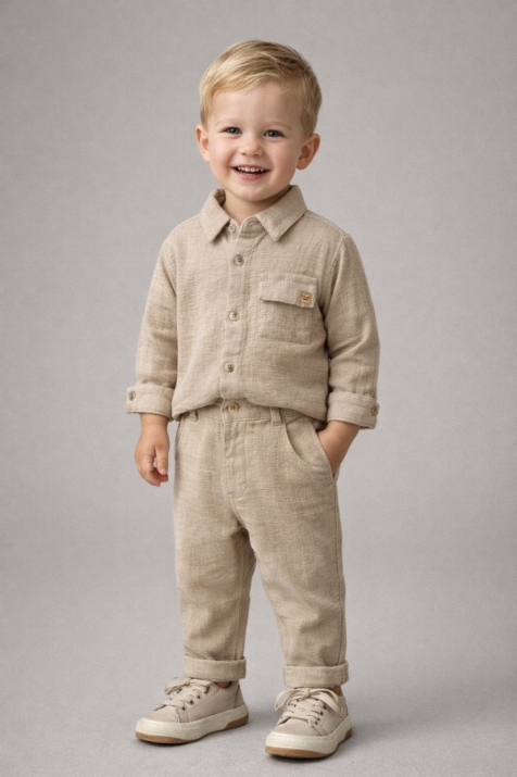 Детска риза за момче с дълъг ръкав, бежов цвят