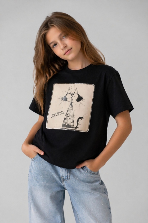 Детска тениска за момиче, черен цвят