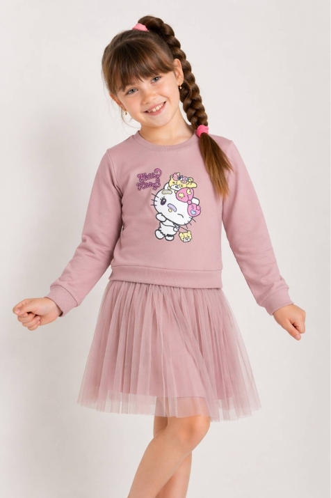 Детска рокля с дълъг ръкав, цвят пудра