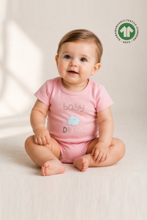 Бебешко боди органичен памук за момиче с къс ръкав, розов цвят 