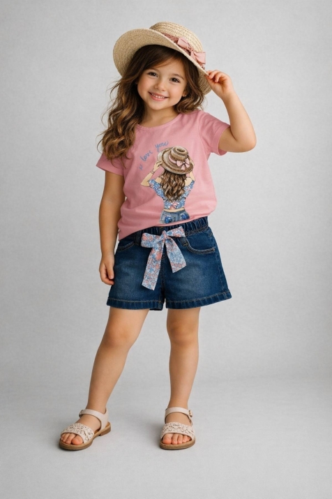 Детски комплект за момиче с къс ръкав, розов цвят 