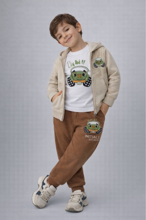 Детски спортен екип за момче с дълъг ръкав 3 части, бежов цвят