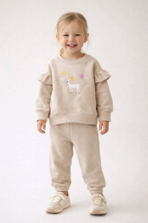 Детски комплект за момиче с дълъг ръкав, бежов цвят