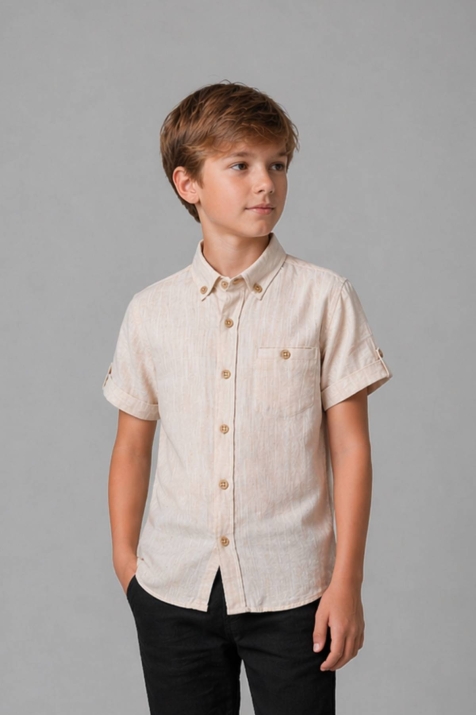Детска риза за момче къс ръкав, бежов цвят