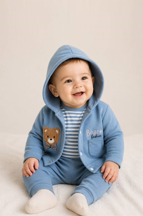 Бебешки комплект за момче с дълъг ръкав 3 части, син цвят 