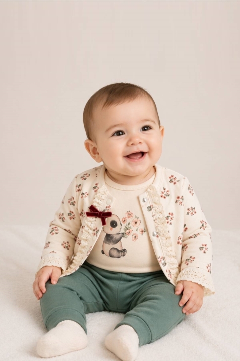 Детски комплект за момиче с дълъг ръкав от 3 части, зелен цвят