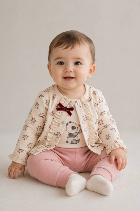 Бебешки комплект за момиче с дълъг ръкав от 3 части, розов цвят 