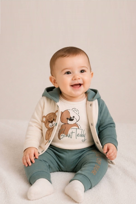 Бебешки комплект за момче с дълъг ръкав от 3 части, зелен цвят