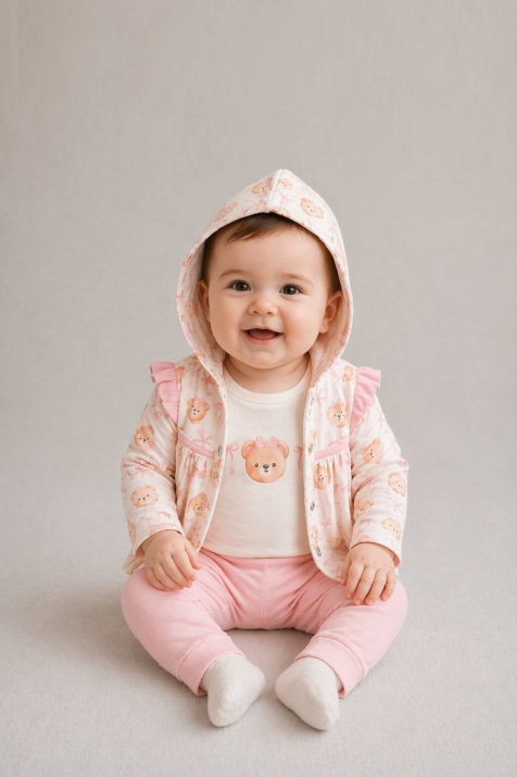 Бебешки комплект за момиче с дълъг ръкав от 3 части, розов цвят 