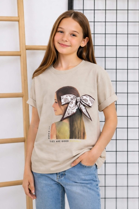 Детска тениска за момиче, бежов цвят