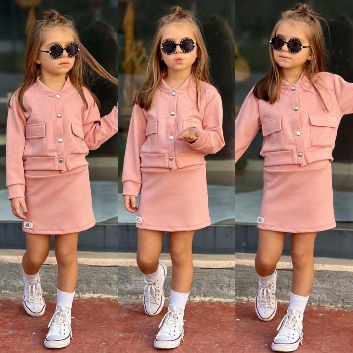 Детски комплект за момиче с дълъг ръкав, розов цвят