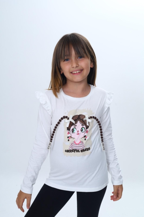 Детска блуза за момиче с дълъг ръкав, цвят екрю