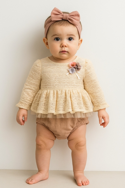 Бебешко боди рокля с дълъг ръкав, бежов цвят